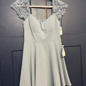 Elegant dusty Blue Dress with Lace Sleeves